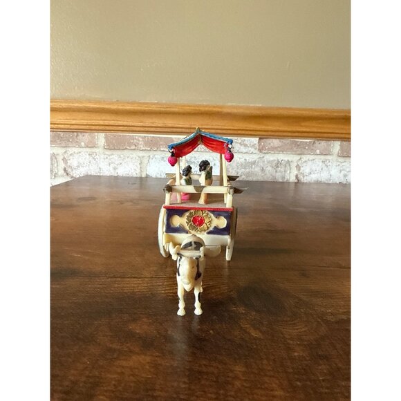 Handcrafted Wooden Ox Cart Figurine With Colorful Detailing & Miniature Figures - Picture 3 of 14